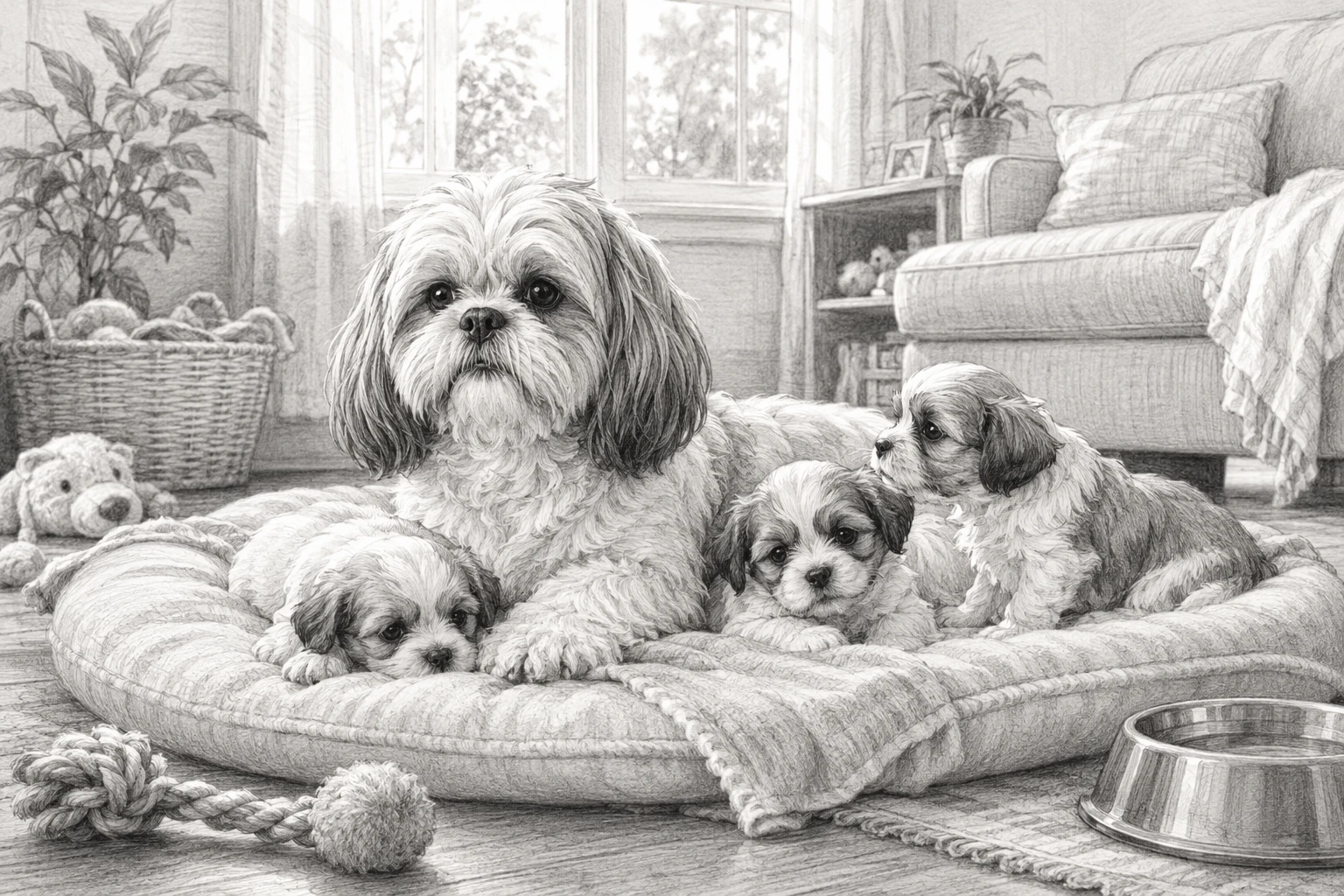 Mother dog with puppies in bright living room
