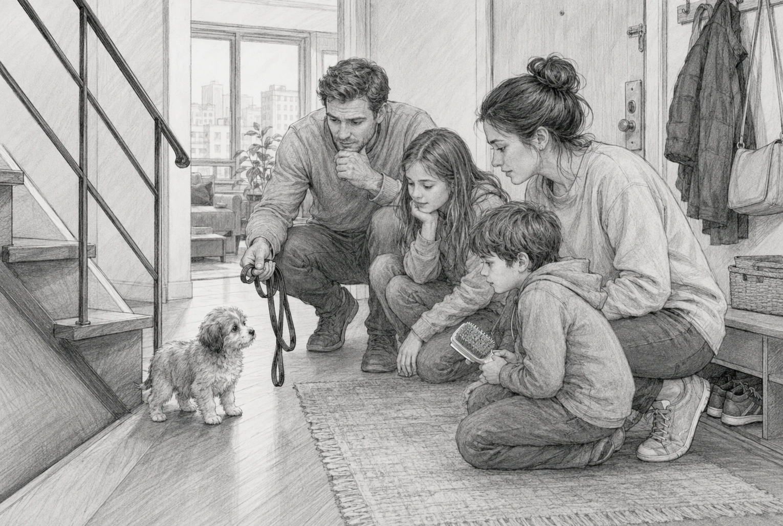Family with small puppy, leash, grooming brush, and apartment stairs