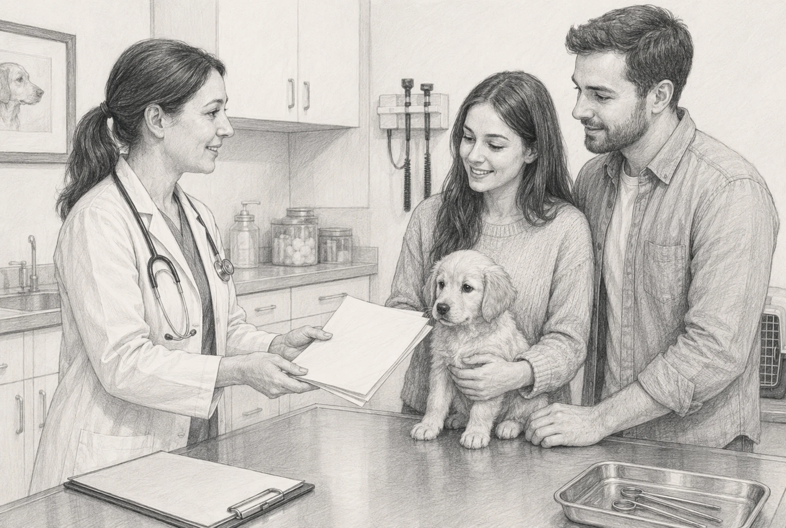 Vet handing puppy health records to new owners