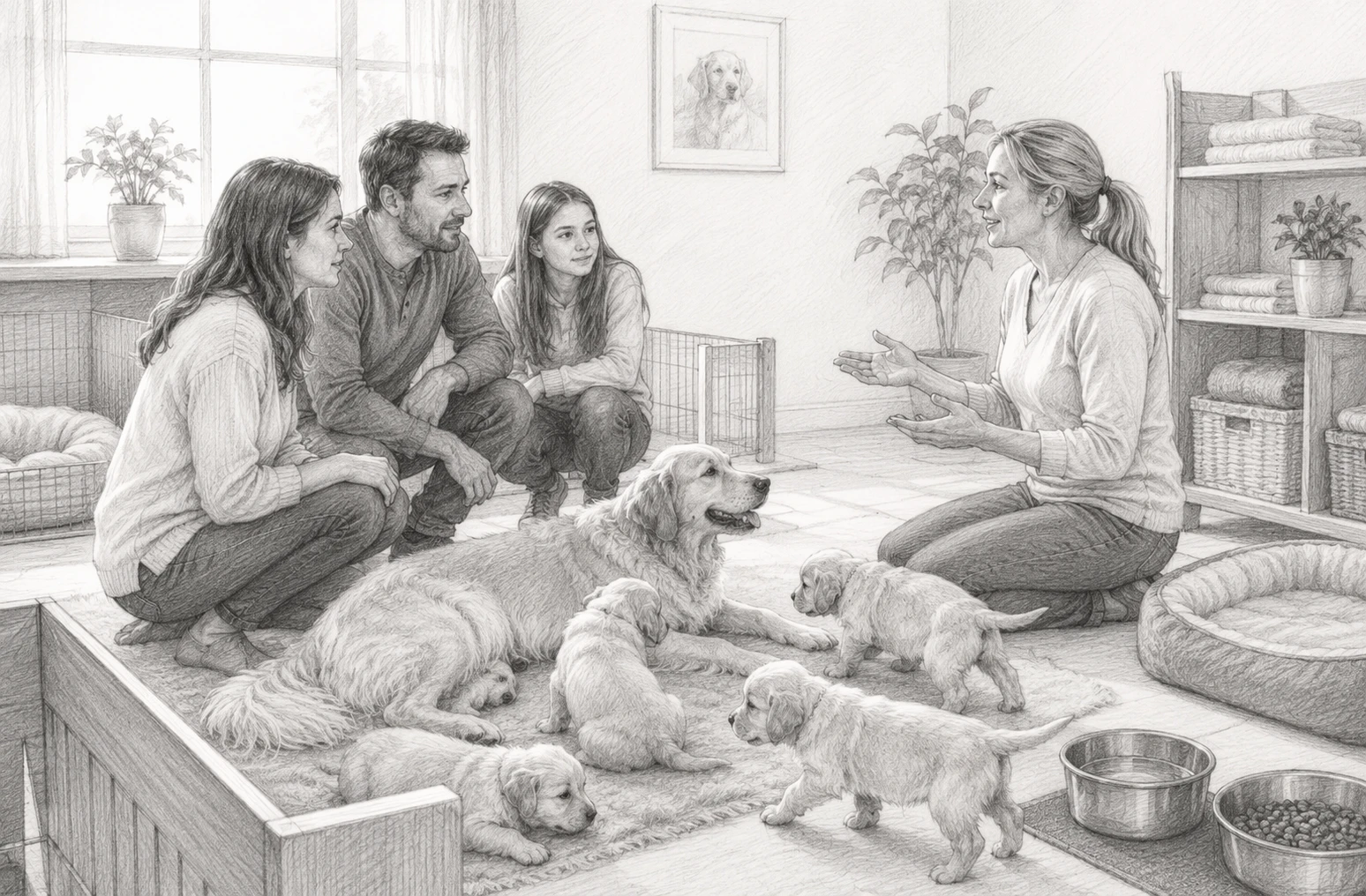 Family meeting breeder in clean puppy nursery