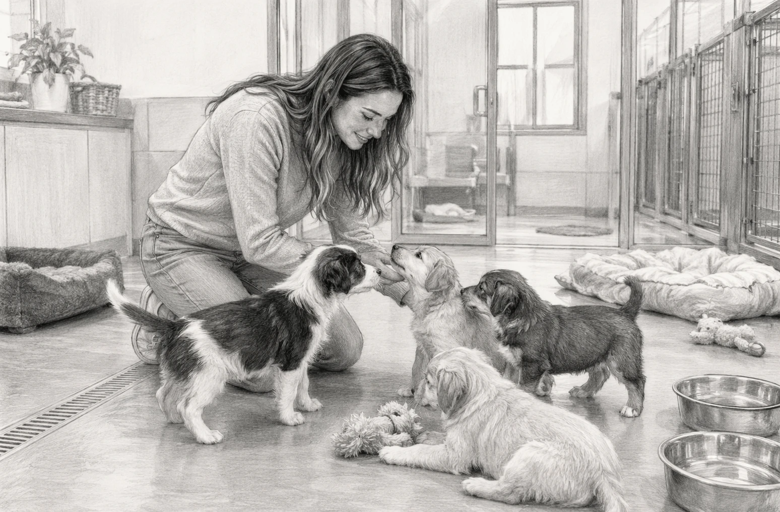 Buyer kneeling with playful puppies indoors