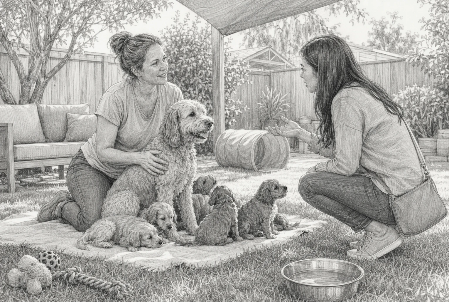 Breeder showing adult dam with puppies outdoors