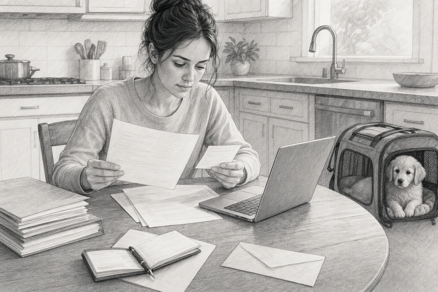 Buyer reviewing puppy contract at kitchen table
