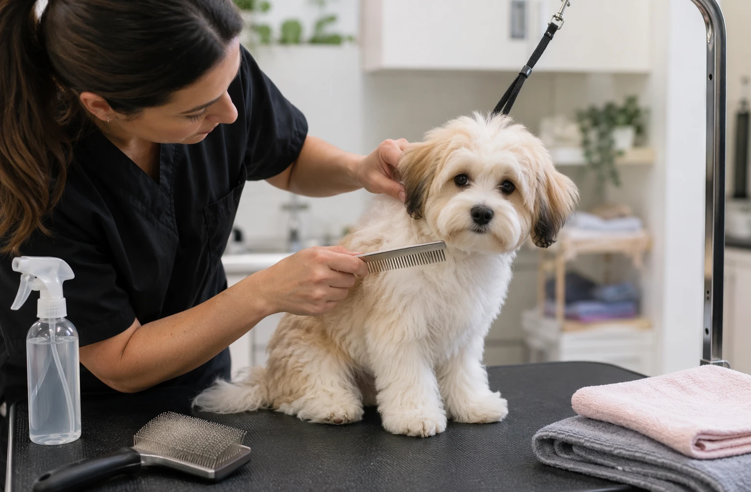 Owner grooming Havanese puppy on table with brush and spray
