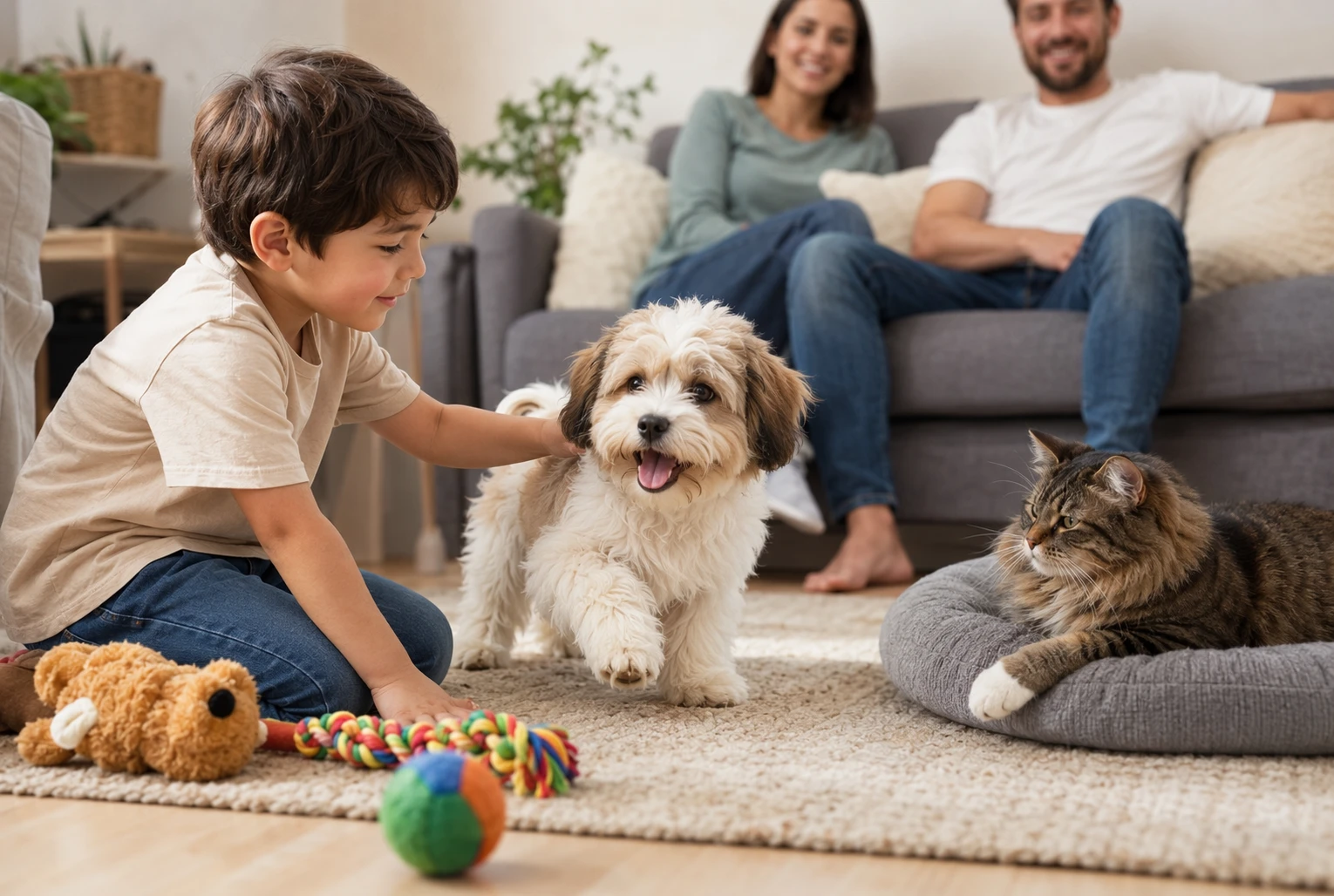 Family playing with Havanese puppy and calm cat