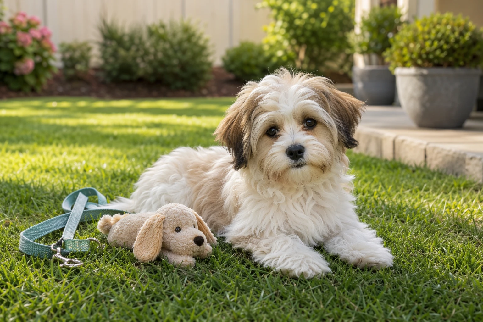Havanese puppy resting beside leash and toy