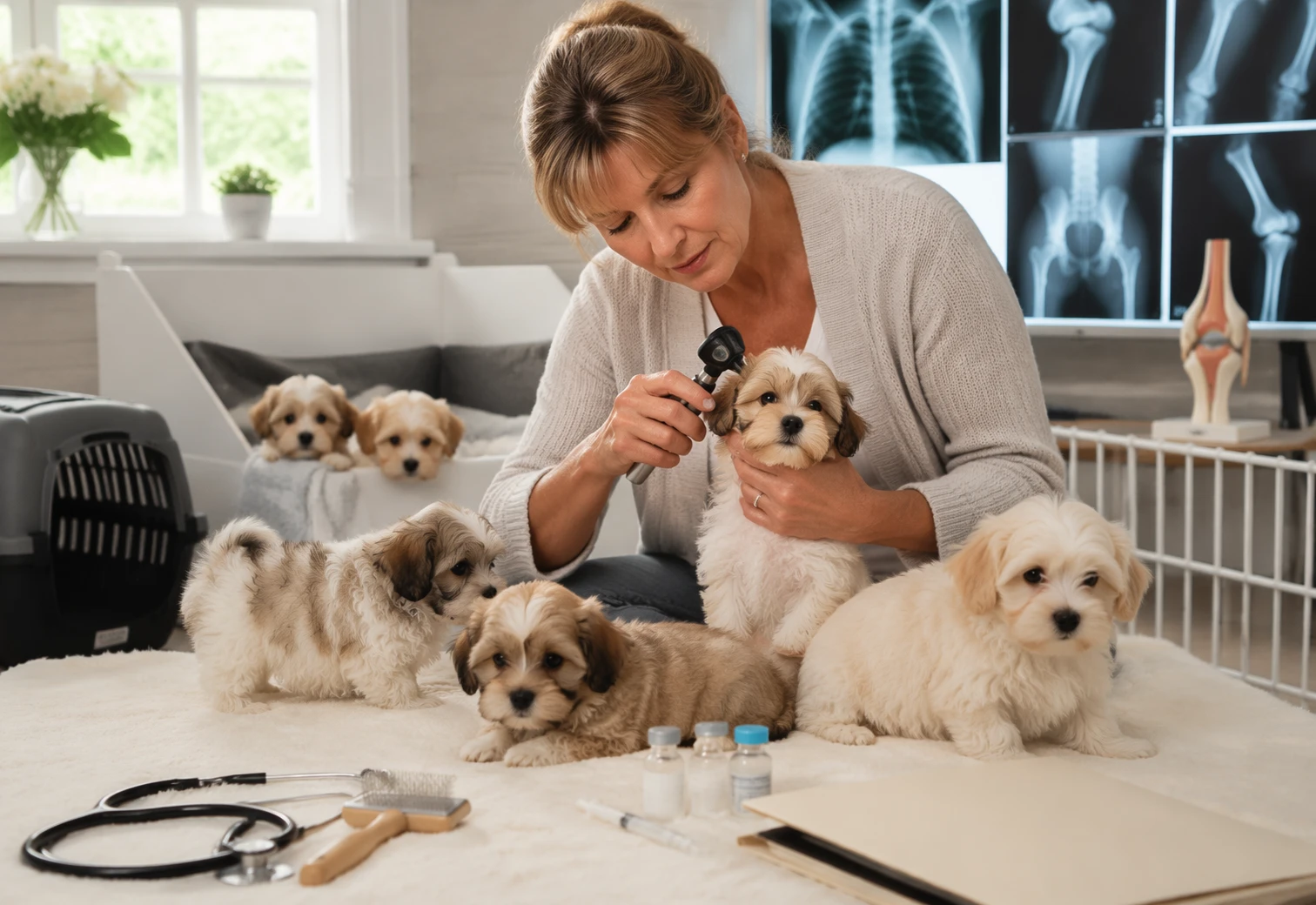 Breeder reviewing health records with puppies
