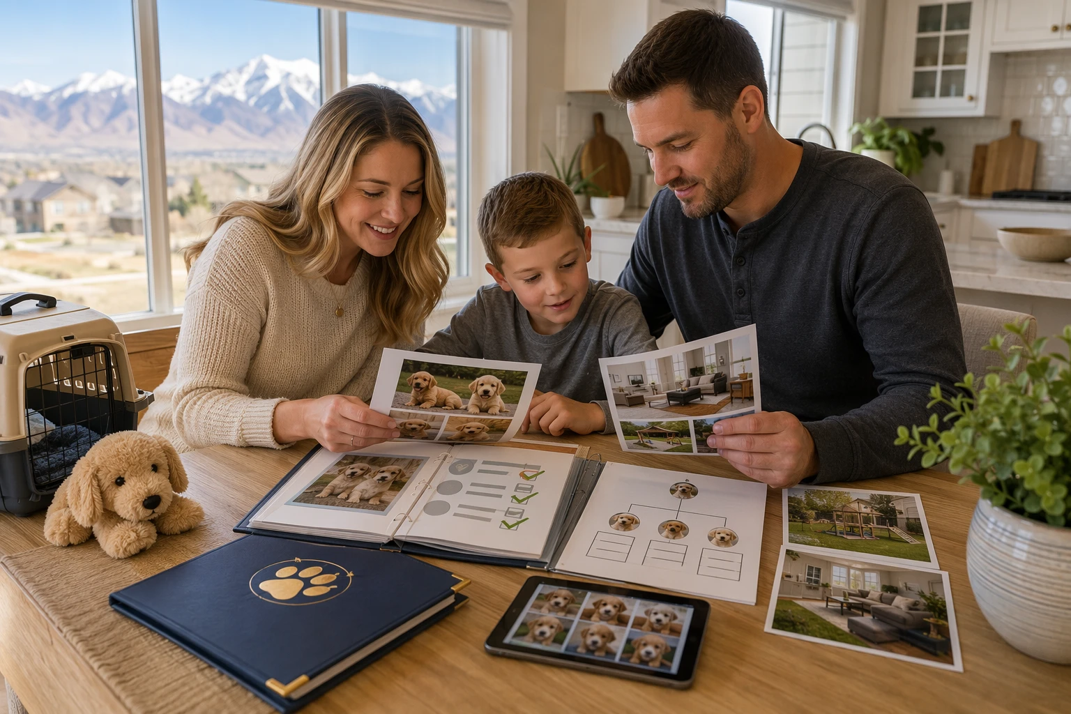 Family reviewing puppy photos and breeder documents at kitchen table