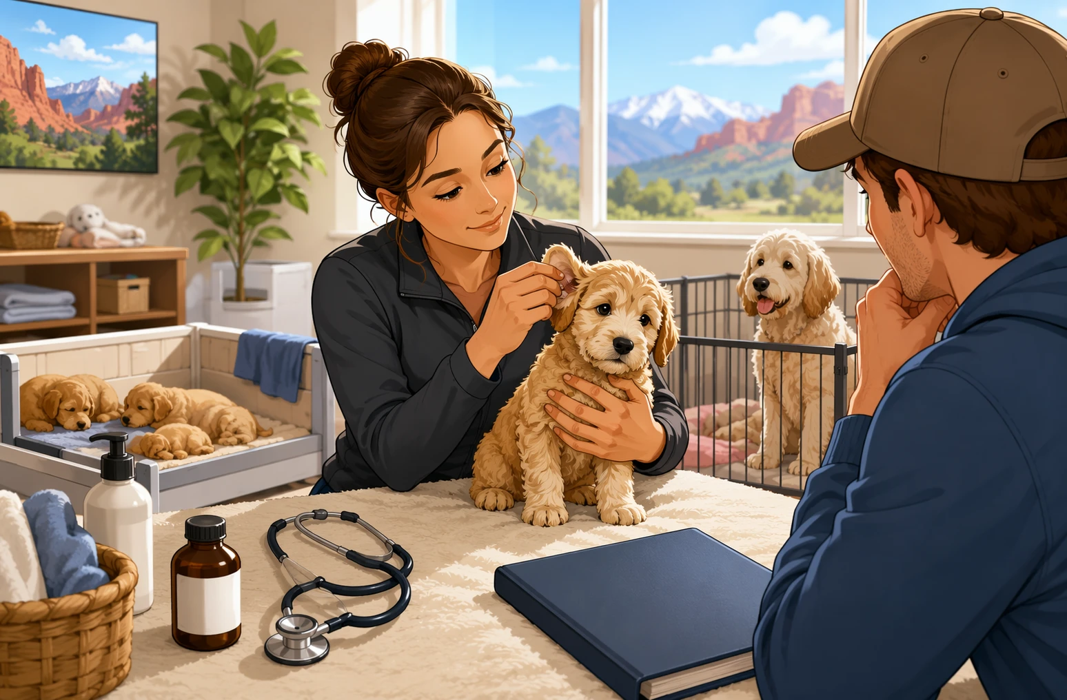 Breeder holding calm puppy during wellness check