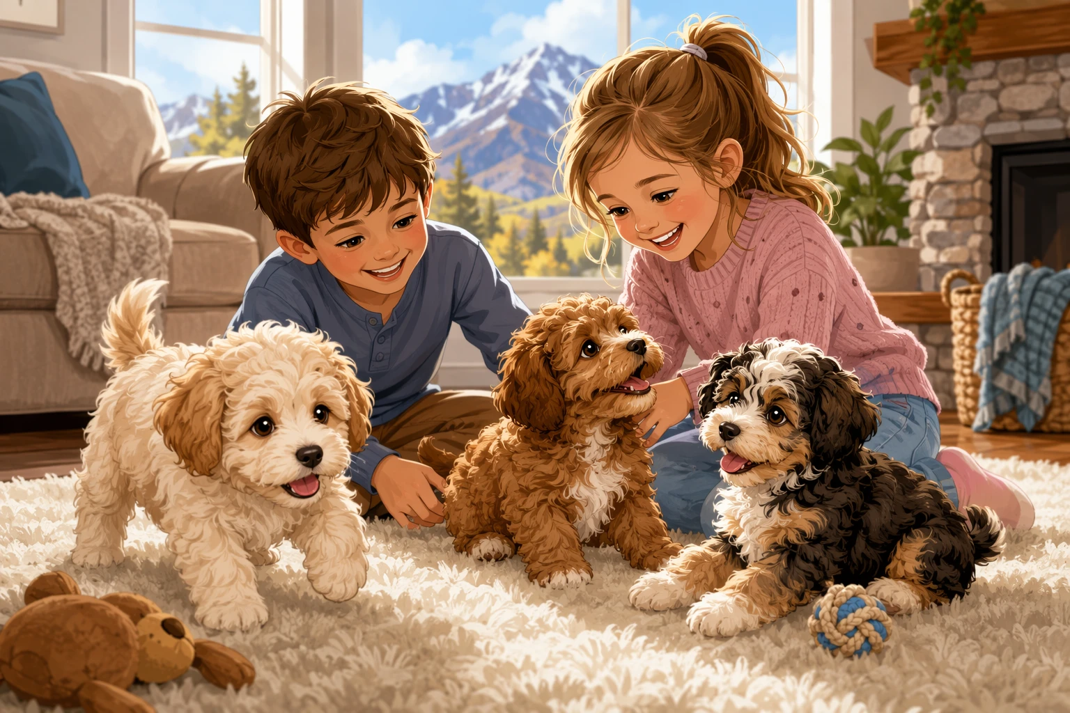 Three playful puppies on a living room rug with kids