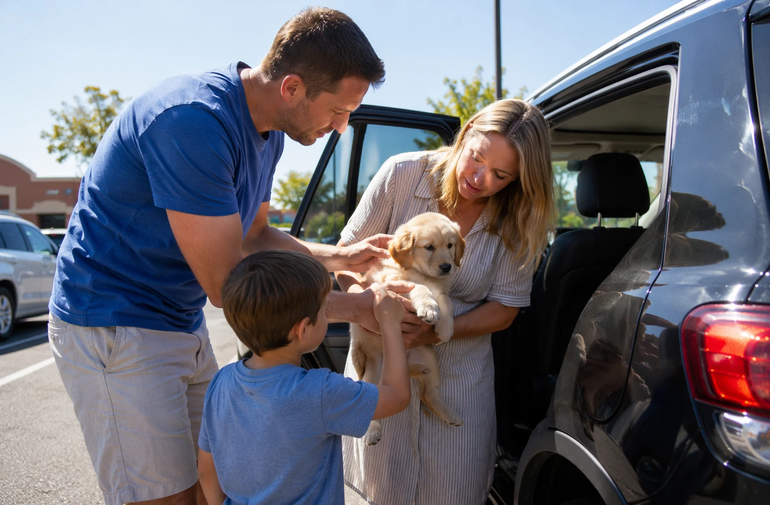 Family lifting small puppy from sunlit parked car