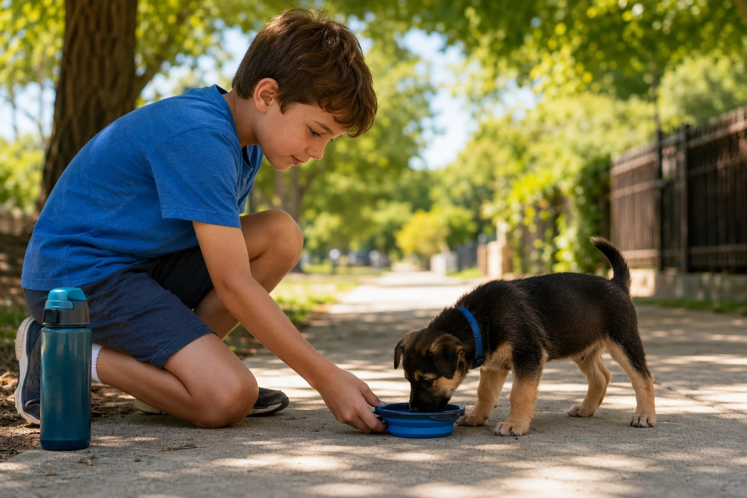 Child offering water to a puppy in a shaded outdoor setting