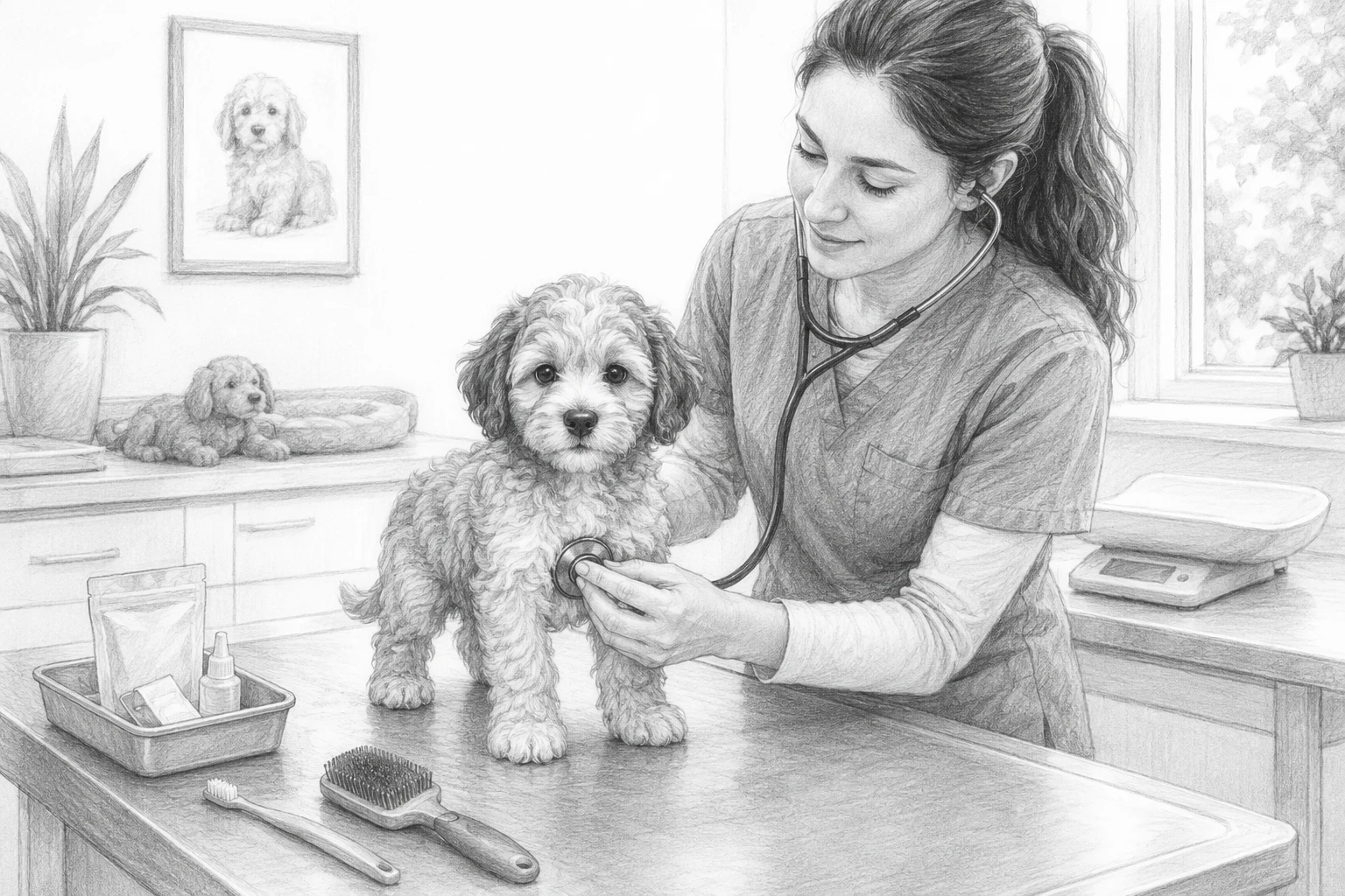 Young Havapoo puppy during wellness exam