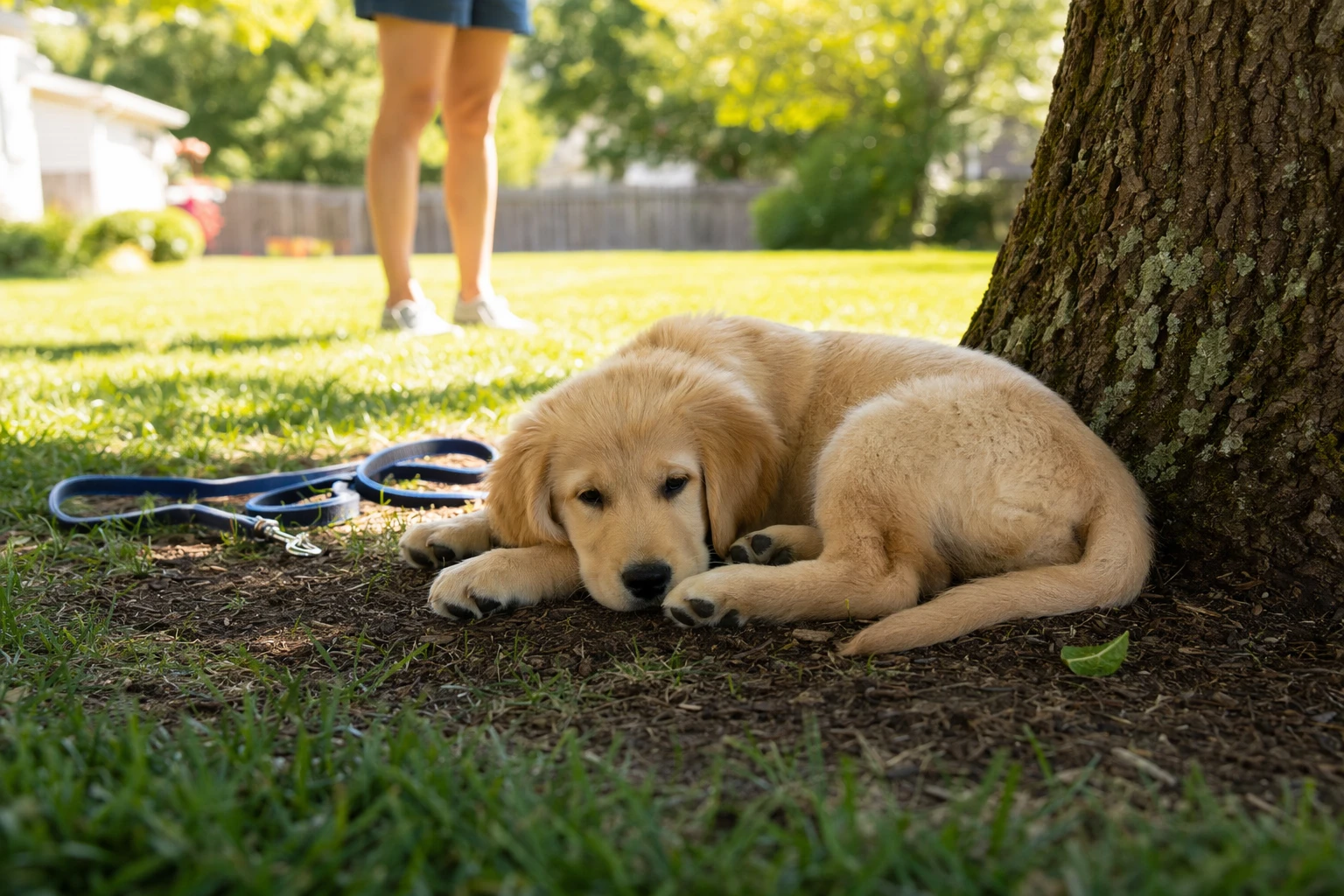 Small puppy resting under backyard tree in shaded area