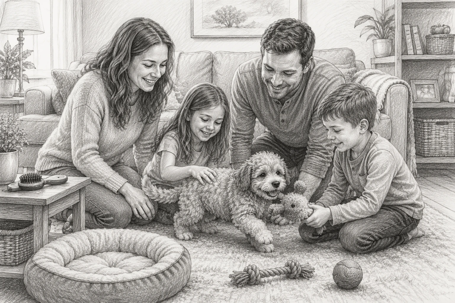 Parents and children playing with a curly Havapoo puppy