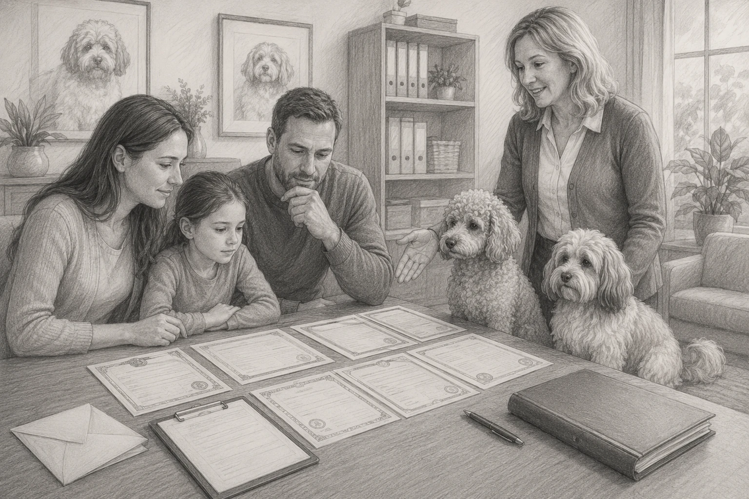 Family reviewing breeder’s health certificates with Havapoo parents