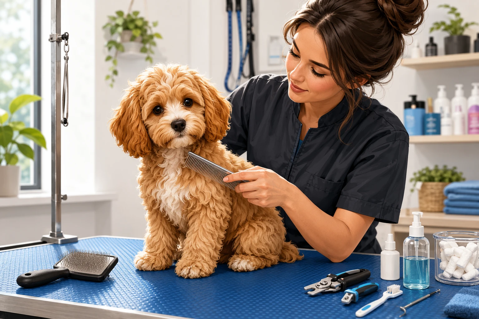 Groomer gently combing fluffy Cavapoo puppy