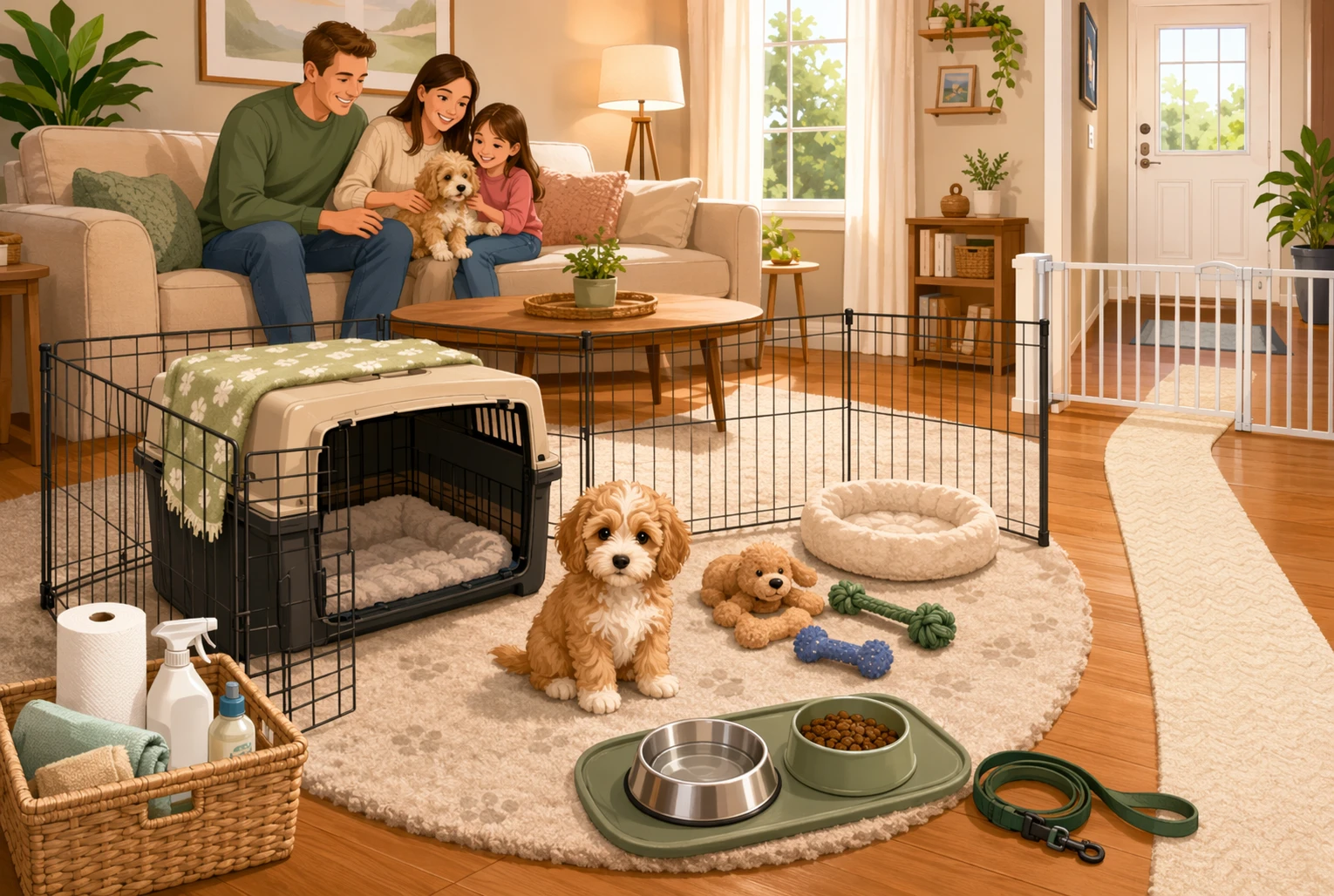 Family living room with puppy crate and toys