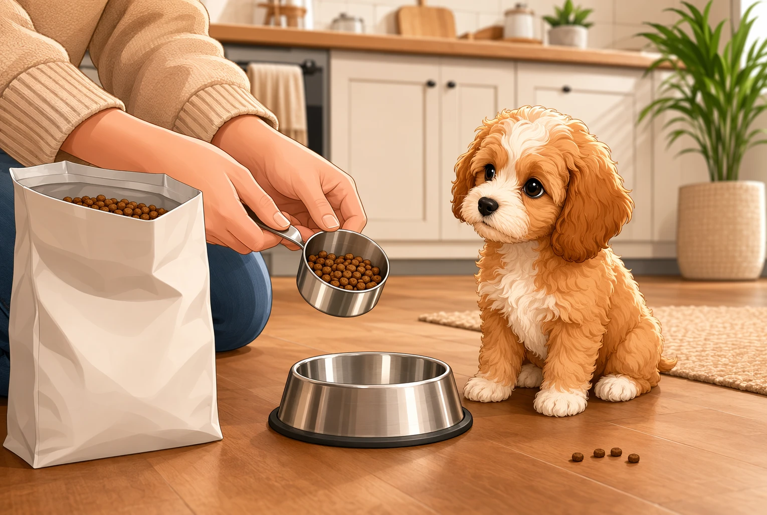 Cavapoo puppy with small kibble and bowl