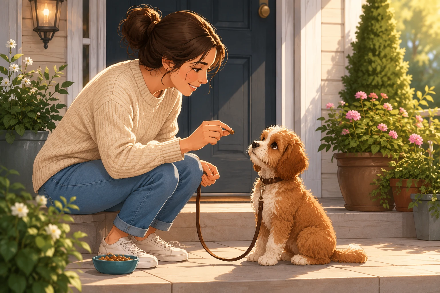 Owner rewarding Cavapoo puppy on porch during training