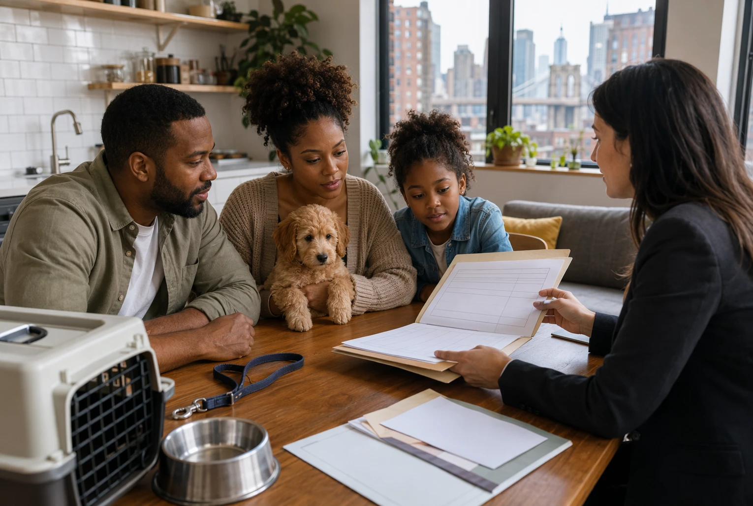 Brooklyn family reviewing puppy health records at kitchen table