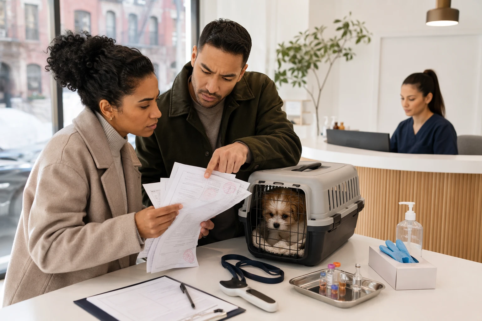 Couple inspecting puppy vaccination papers at veterinary reception