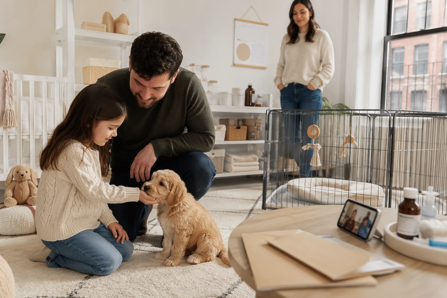 Parent and child meeting a puppy in a tidy nursery