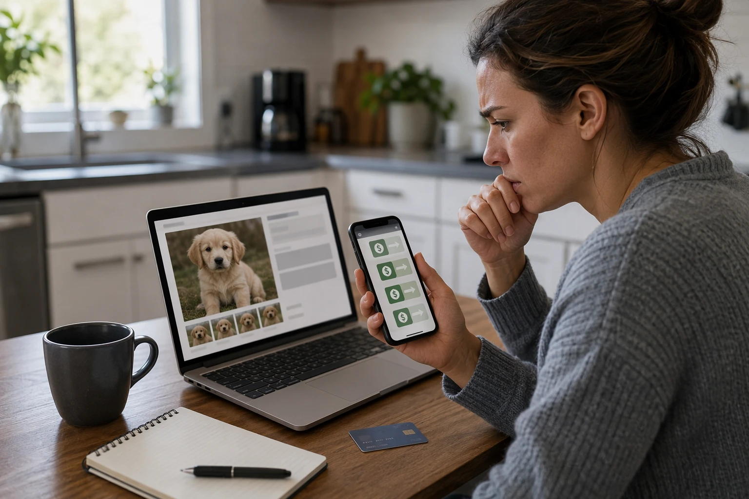 Person reviewing puppy listing messages at kitchen table