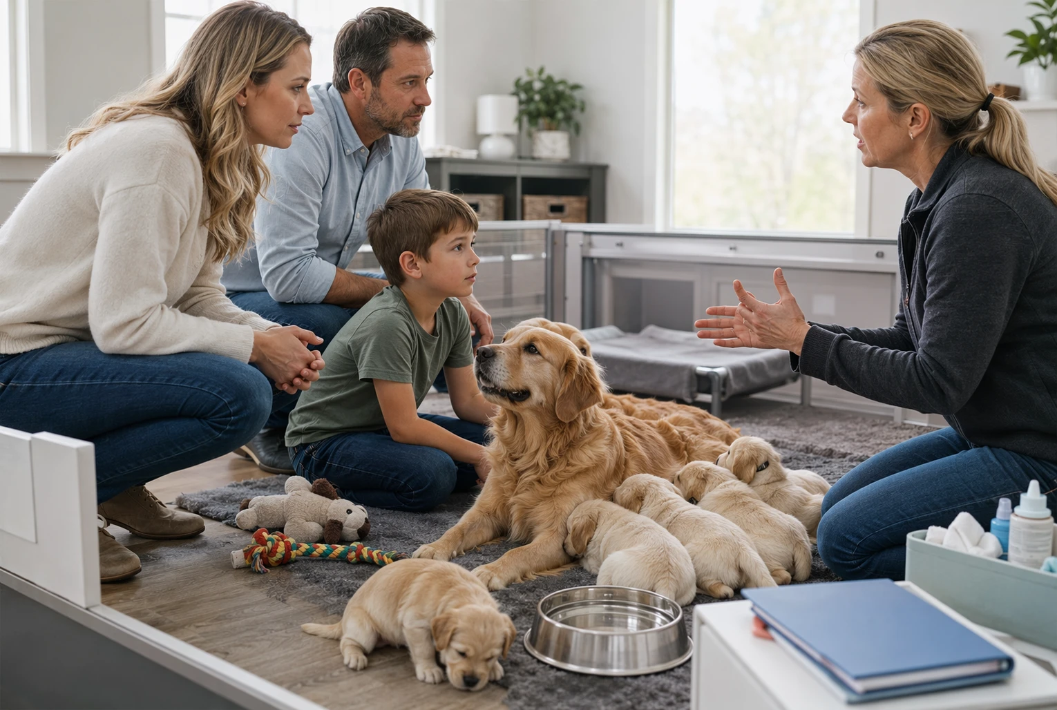 Family meeting breeder with mother dog and puppies in a clean nursery