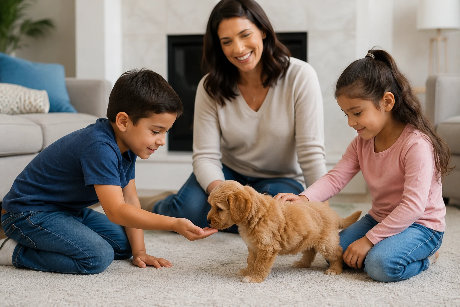Calm puppy meeting children in living room