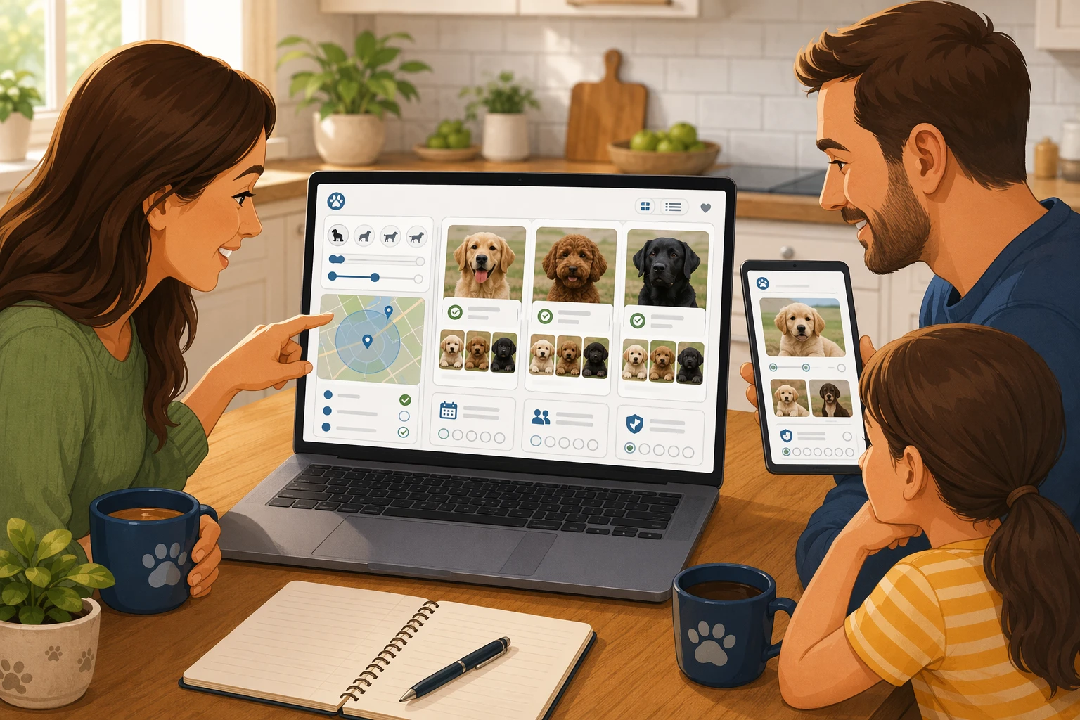 Family comparing puppy breeder websites on laptop at kitchen table