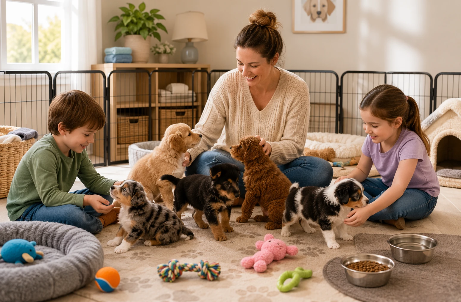 Breeder socializing puppies with children indoors