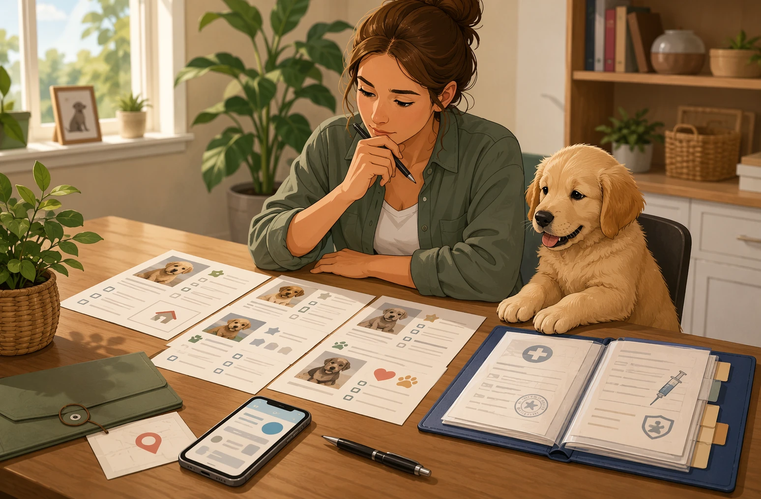 Buyer reviewing printed puppy listing and vaccination record folder
