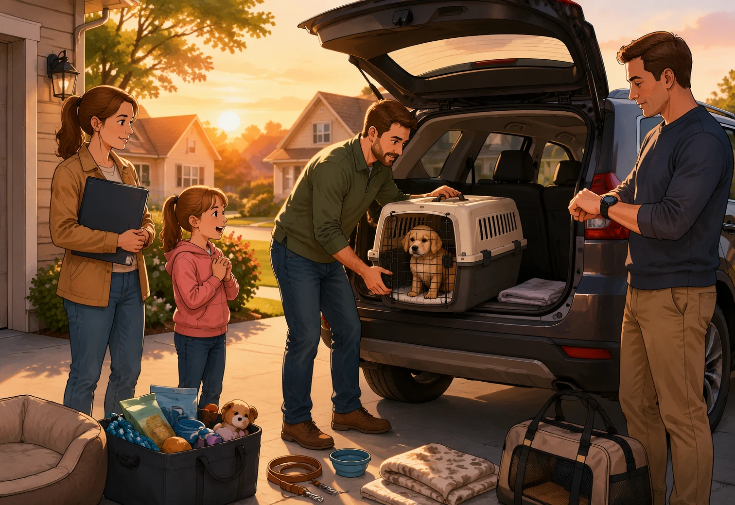 Family loading puppy carrier into SUV at sunrise