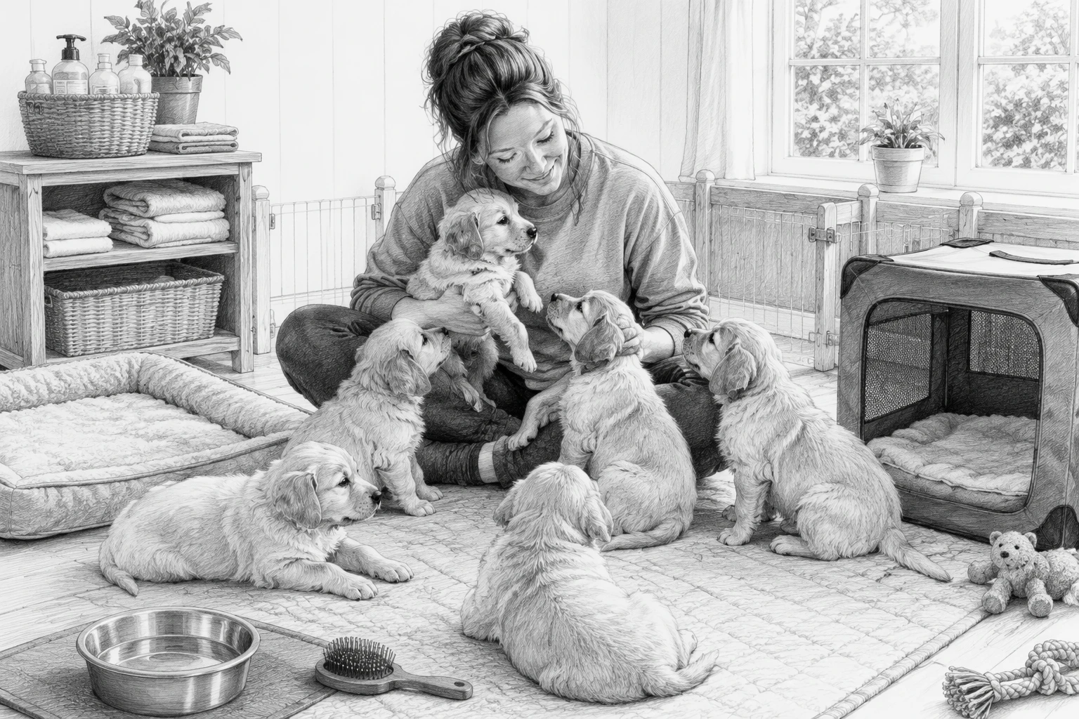 Breeder socializing puppies in bright nursery
