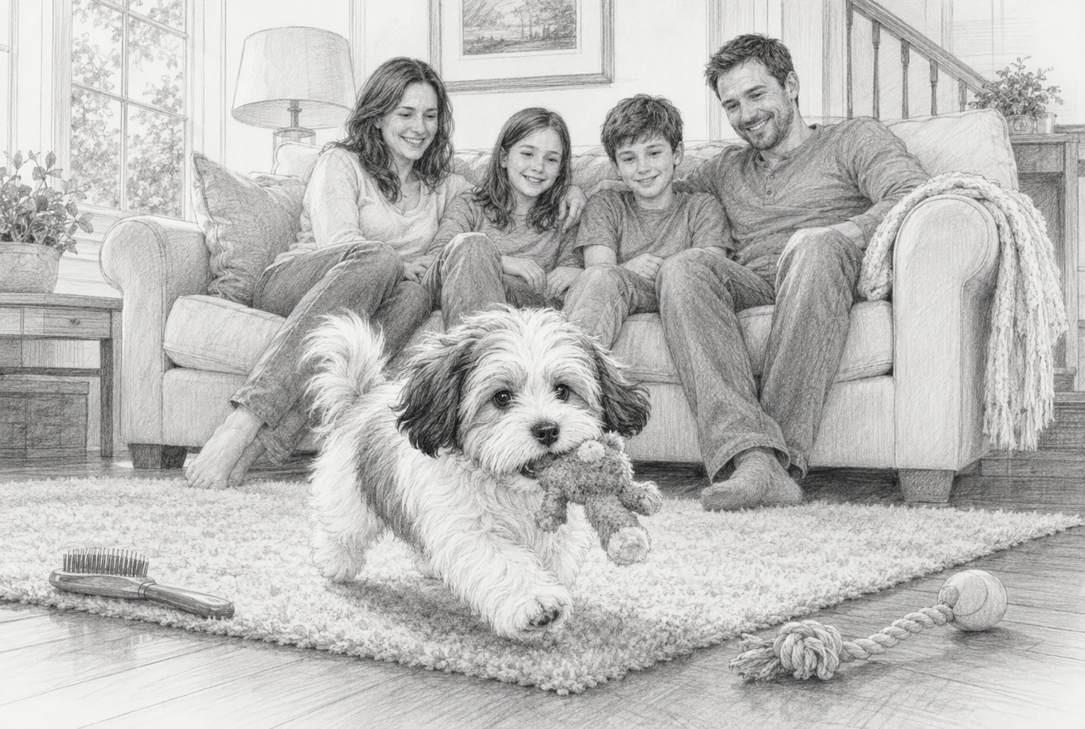 Family relaxing on sofa with playful Havanese puppy