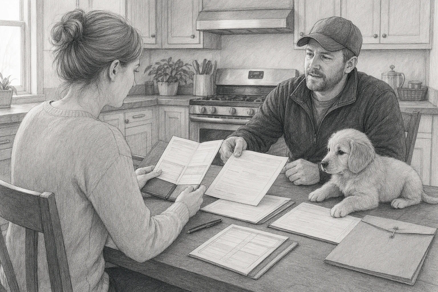 Buyer reviewing breeder paperwork at kitchen table