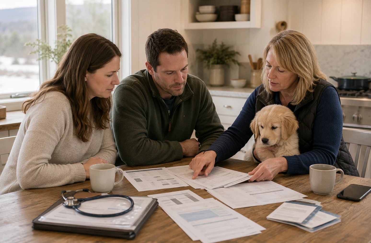 Prospective buyers reviewing puppy health records at a breeder's kitchen table