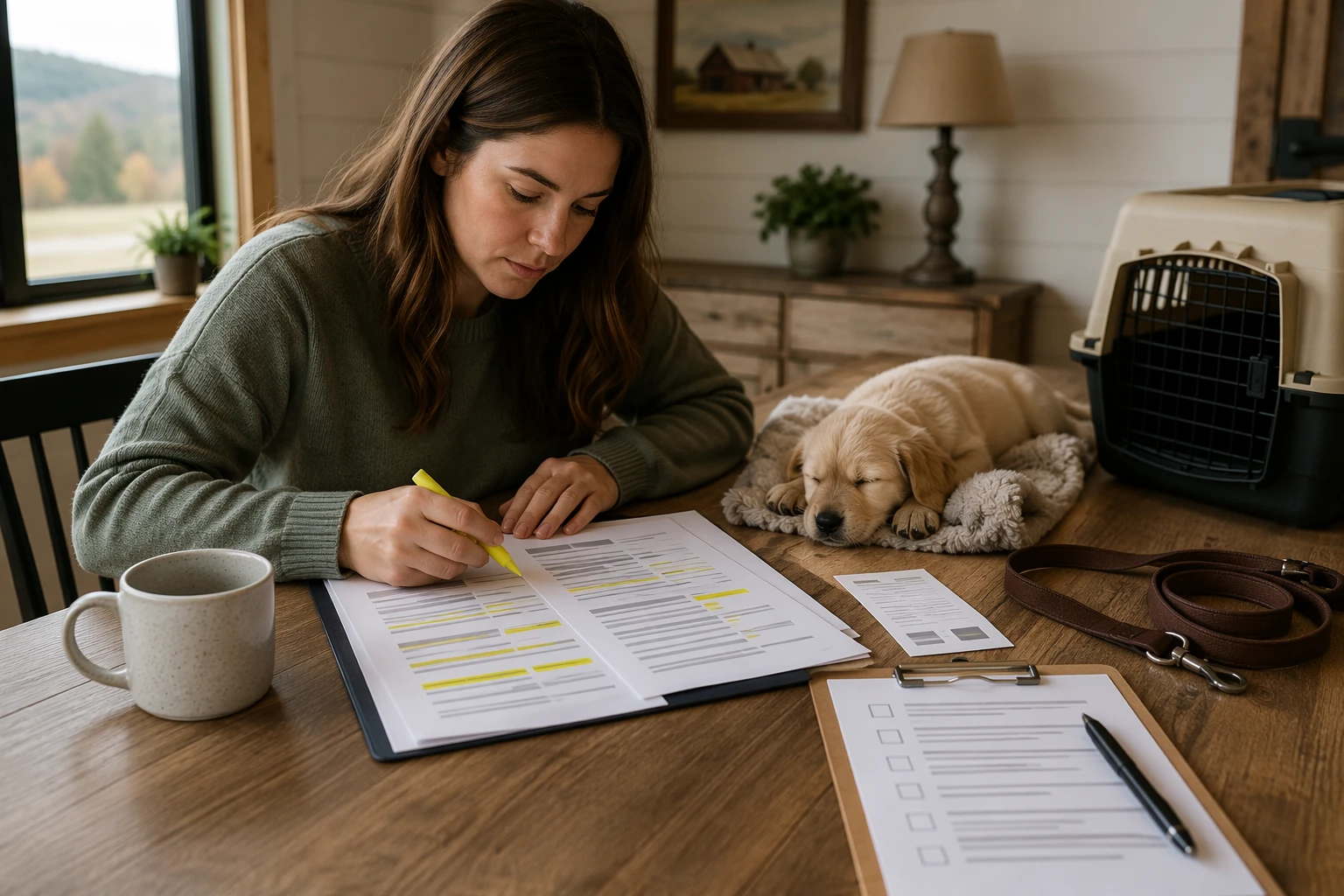 Buyer reviewing puppy contract and veterinarian checklist