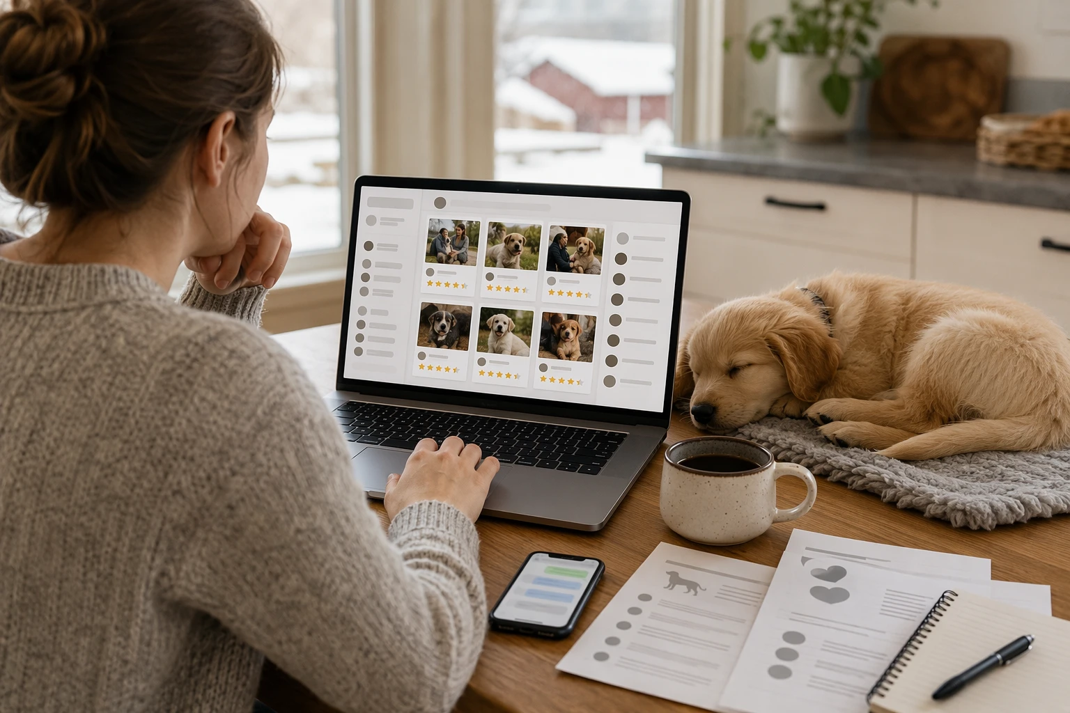 Buyer comparing breeder reviews on laptop beside sleeping puppy