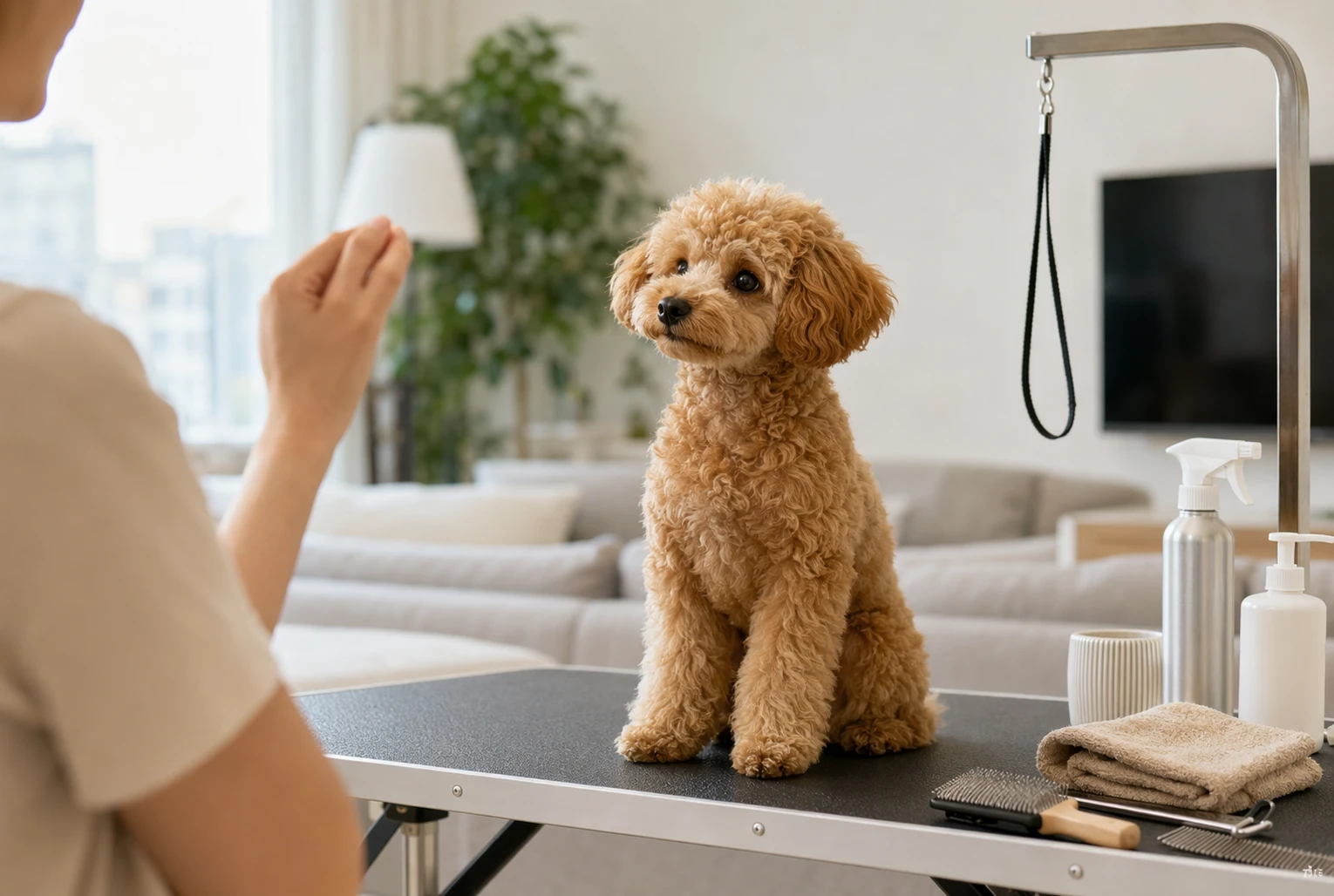 Toy Poodle puppy practicing sit on grooming table