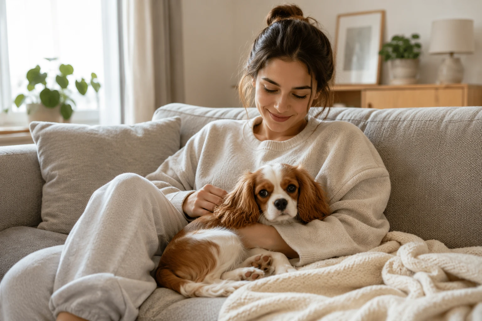 Cavalier King Charles Spaniel resting beside owner on sofa