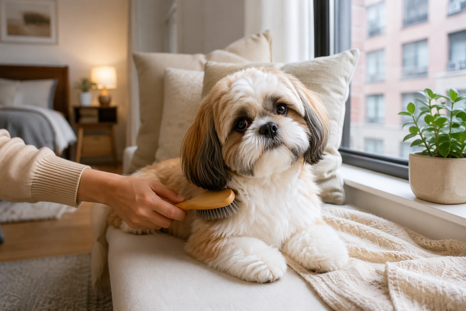 Shih Tzu puppy being gently brushed near window seat