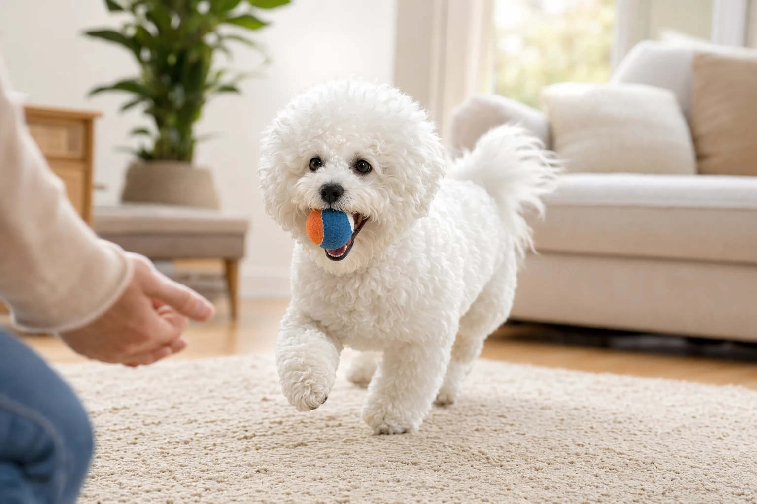 Fluffy Bichon Frise puppy playing fetch in a bright living room