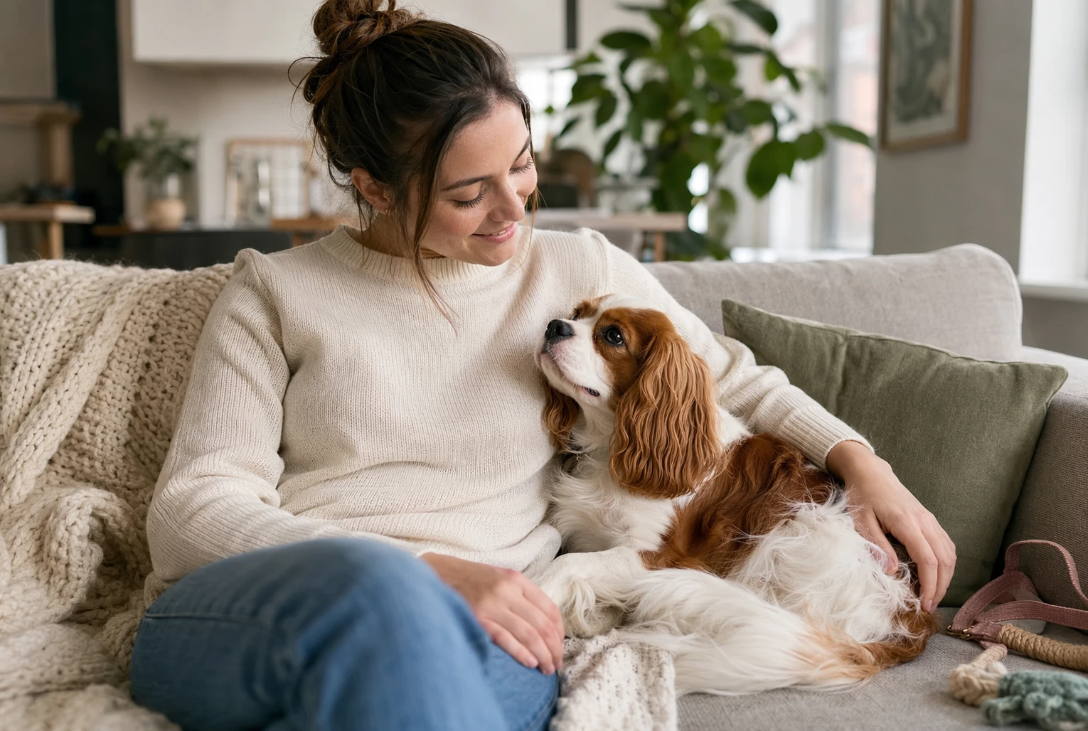 Cavalier King Charles Spaniel cuddling on sofa