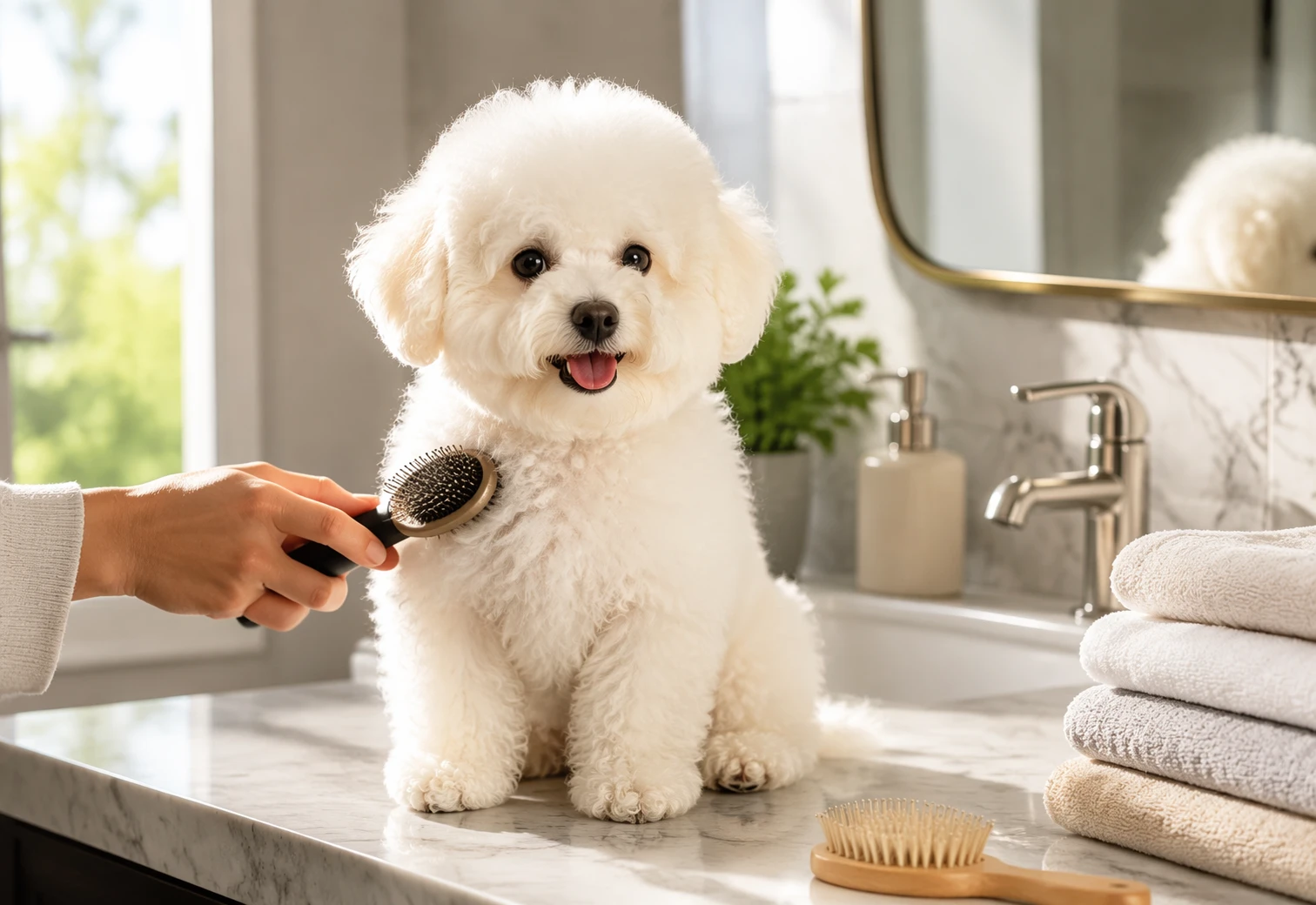 Fluffy Bichon Frise puppy being brushed on bathroom counter