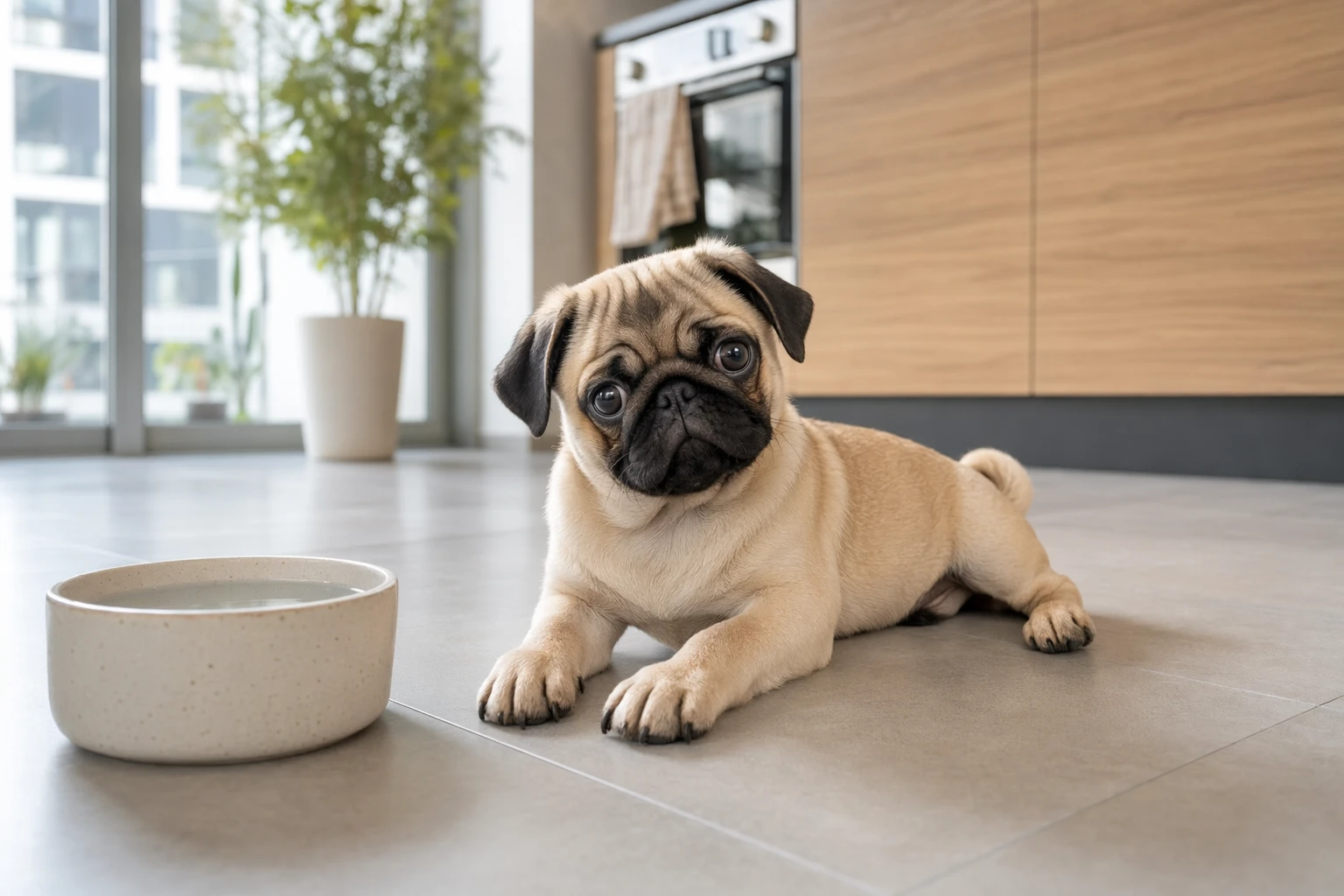 Pug puppy resting on kitchen tile beside water bowl