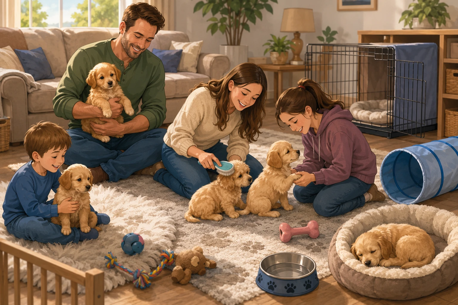 Family in living room gently handling playful puppies