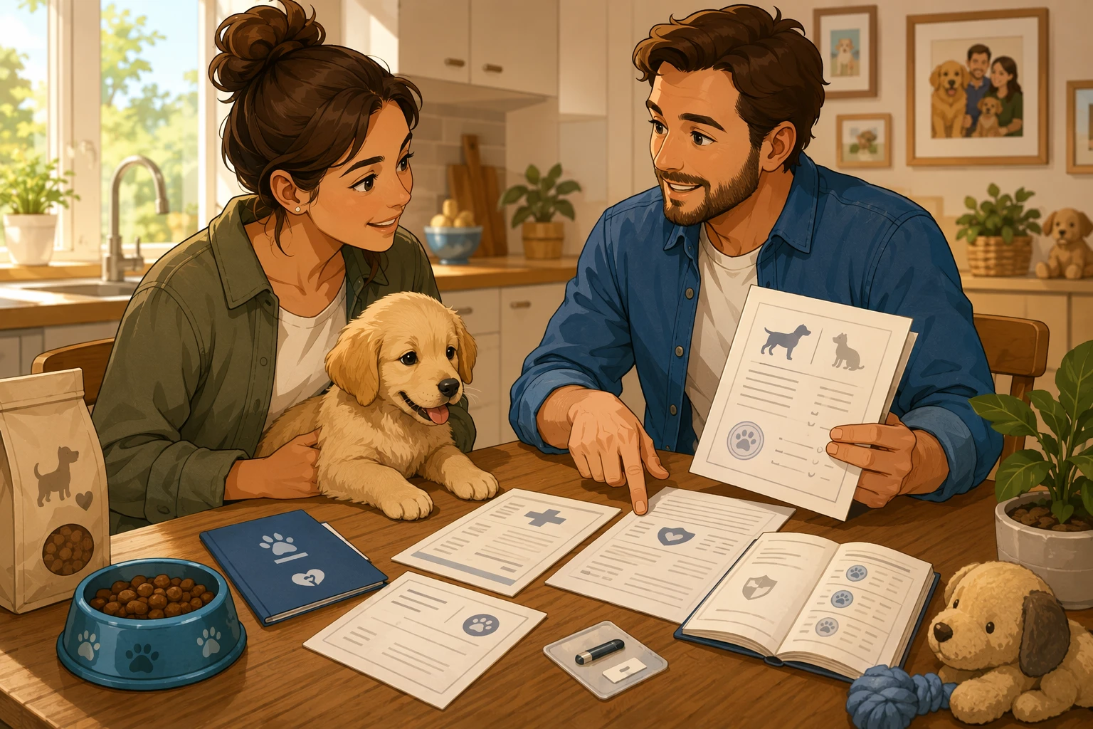 Breeder showing puppy health records at kitchen table