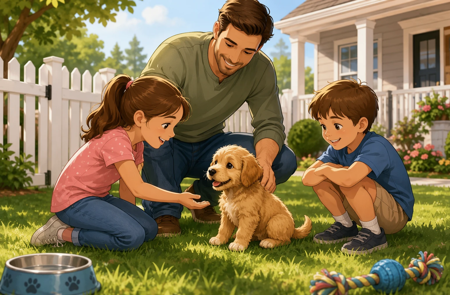 Parent kneeling with children and puppy in backyard